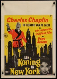 7w022 KING IN NEW YORK Dutch '57 artwork of Charlie Chaplin in front of skyline!