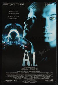 7x015 A.I. ARTIFICIAL INTELLIGENCE advance signed 1sh '01 by Haley Joel Osment, Jude Law!