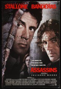 7x042 ASSASSINS DS 1sh '95 cool image of Sylvester Stallone, Antonio Banderas & Julianne Moore!