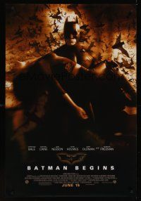 7x059 BATMAN BEGINS June 15 DS advance 1sh '05 Bale as the Caped Crusader carrying Katie Holmes!