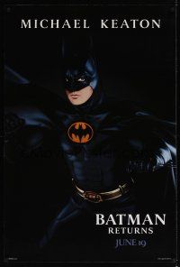 7x066 BATMAN RETURNS teaser 1sh '92 cool image of Michael Keaton as Batman!