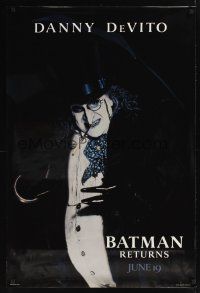 7x068 BATMAN RETURNS teaser 1sh '92 Tim Burton, image of Danny DeVito as the Penguin!