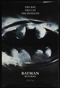 7x065 BATMAN RETURNS logo teaser DS 1sh '92 Tim Burton, the bat, the cat, the penguin!