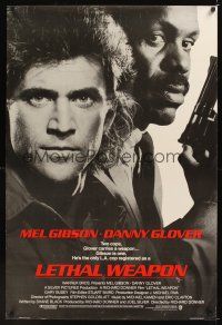 7x408 LETHAL WEAPON advance 1sh '87 great close image of cop partners Mel Gibson & Danny Glover!