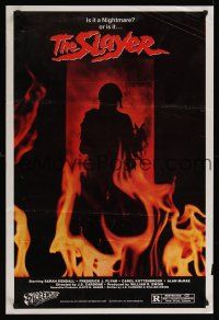 7x589 SLAYER 1sh '82 creepy silhouette in flaming doorway, this time your nightmare is real!