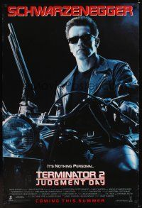 7x649 TERMINATOR 2 advance DS 1sh '91 Arnold Schwarzenegger on motorcycle with shotgun!