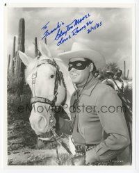 7y046 CLAYTON MOORE signed 8x10 REPRO still '90s smiling in costume as the Lone Ranger by Silver!