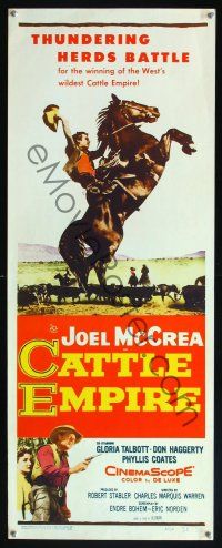8a109 CATTLE EMPIRE insert '58 cool image of cowboy Joel McCrea on horseback!