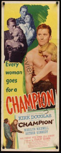 8a112 CHAMPION insert '49 boxer Kirk Douglas with Marilyn Maxwell & more, boxing classic!