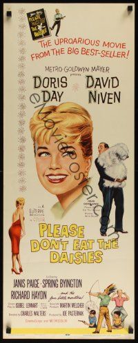 8a482 PLEASE DON'T EAT THE DAISIES insert '60 art of pretty smiling Doris Day, David Niven w/dog!