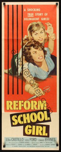 8a511 REFORM SCHOOL GIRL insert '57 classic AIP bad girl catfight behind bars artwork!
