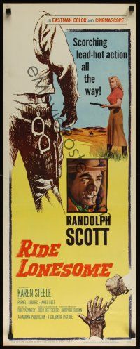 8a519 RIDE LONESOME insert '59 Randolph Scott, Budd Boetticher, Karen Steele w/gun!
