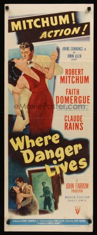 8a724 WHERE DANGER LIVES insert '50 art of Robert Mitchum holding Faith Domergue + Rains w/gun!