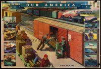 8c027 OUR AMERICA TRANSPORTATION 2 special 22x32 '43 great artwork of train station!