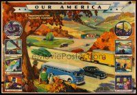 8c028 OUR AMERICA TRANSPORTATION 3 special 22x32 '43 cool artwork of vehicles on highway!
