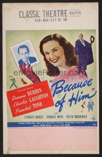 8c366 BECAUSE OF HIM WC '45 Deanna Durbin, Franchot Tone & Charles Laughton!