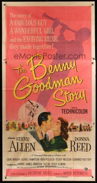 8d349 BENNY GOODMAN STORY 3sh '56 Steve Allen as Goodman, Donna Reed, Gene Krupa, Reynold Brown art