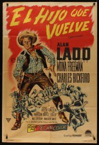 8d185 BRANDED Argentinean '50 great artwork image of tough cowboy Alan Ladd w/gun in hand!
