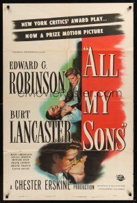 8e024 ALL MY SONS 1sh '48 art of Burt Lancaster choking Edward G. Robinson & kissing pretty girl!