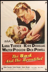 8e054 BAD & THE BEAUTIFUL 1sh '53 great c/u art of Kirk Douglas romancing sexy Lana Turner!