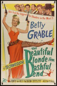 8e069 BEAUTIFUL BLONDE FROM BASHFUL BEND 1sh '49 Preston Sturges, Betty Grable has the big guns!