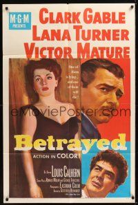 8e075 BETRAYED 1sh '54 art of Clark Gable, Victor Mature & sexy brunette Lana Turner!