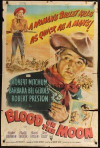 8e106 BLOOD ON THE MOON 1sh '49 art of cowboy Robert Mitchum pointing gun & Barbara Bel Geddes!
