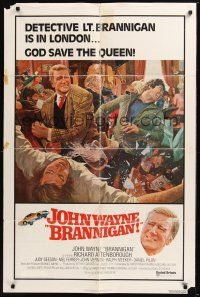 8e116 BRANNIGAN 1sh '75 Douglas Hickox, great art of fighting John Wayne in England!