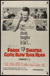8e180 COME BLOW YOUR HORN military 1sh R60s close up of laughing Frank Sinatra, Neil Simon's play!
