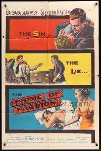 8e191 CRIME OF PASSION 1sh '57 sexy Barbara Stanwyck w/gun to shoot Sterling Hayden!