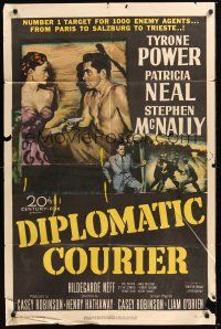 8e234 DIPLOMATIC COURIER 1sh '52 cool art of Patricia Neal pulling a gun on shirtless Tyrone Power!