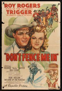 8e244 DON'T FENCE ME IN 1sh '45 close up art of Roy Rogers & pretty Dale Evans, Gabby Hayes!