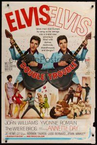 8e251 DOUBLE TROUBLE 1sh '67 cool mirror image of rockin' Elvis Presley playing guitar!