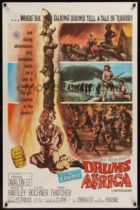 8e260 DRUMS OF AFRICA 1sh '63 great image of Frankie Avalon, sexy girl tied to totem pole!