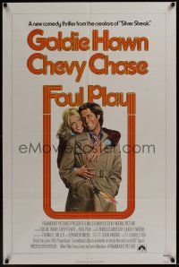 8e320 FOUL PLAY 1sh '78 wacky Lettick art of Goldie Hawn & Chevy Chase, screwball comedy!