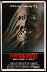 8e327 FROM BEYOND 1sh '86 H.P. Lovecraft, wild sci-fi horror image, humans are such easy prey!
