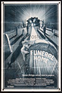 8e331 FUNERAL HOME 1sh '82 cool art of zombie hand grabbing tombstone from inside its grave!