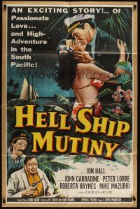 8e381 HELL SHIP MUTINY 1sh '57 Jon Hall kisses tropical bikini babe, John Carradine, Peter Lorre!