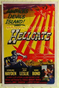 8e383 HELLGATE 1sh '52 cool artwork of Sterling Hayden in America's Devil's Island!