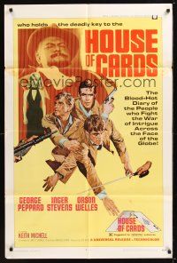 8e413 HOUSE OF CARDS 1sh '69 George Peppard, Orson Welles, cool artwork of cast!
