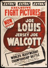 8e001 JOE LOUIS VS JERSEY JOE WALCOTT 1sh '47 boxing, fight films of Heavyweight Championship!