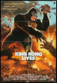 8e471 KING KONG LIVES 1sh '86 great artwork of huge unhappy ape attacked by army!