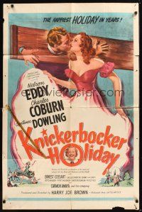 8e478 KNICKERBOCKER HOLIDAY 1sh '44 art of Nelson Eddy in stocks kissing Constance Dowling!