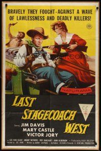8e492 LAST STAGECOACH WEST 1sh '57 art of Jim Davis & Mary Castle w/guns on stagecoach!