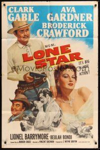 8e513 LONE STAR 1sh '51 Clark Gable with gun & close up kissing sexy Ava Gardner!