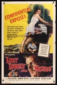 8e520 LOST, LONELY & VICIOUS 1sh '58 art of sexy barely-dressed bad girl leaning on bed!