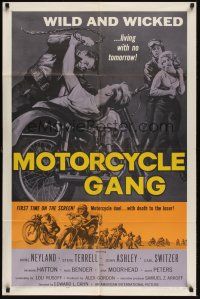 8e583 MOTORCYCLE GANG 1sh '57 pretty Anne Neyland is wild & wicked and living with no tomorrow!
