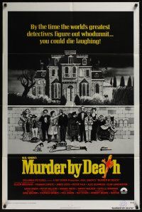 8e591 MURDER BY DEATH int'l 1sh '76 great Charles Addams art of cast by dead body & spooky house!