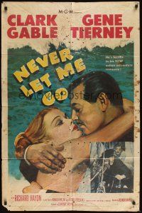 8e614 NEVER LET ME GO 1sh '53 romantic close up artwork of Clark Gable & sexy Gene Tierney!