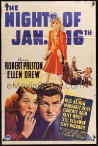 8e619 NIGHT OF JANUARY 16th style A 1sh '41 Robert Preston & pretty Ellen Drew, from Ayn Rand play!